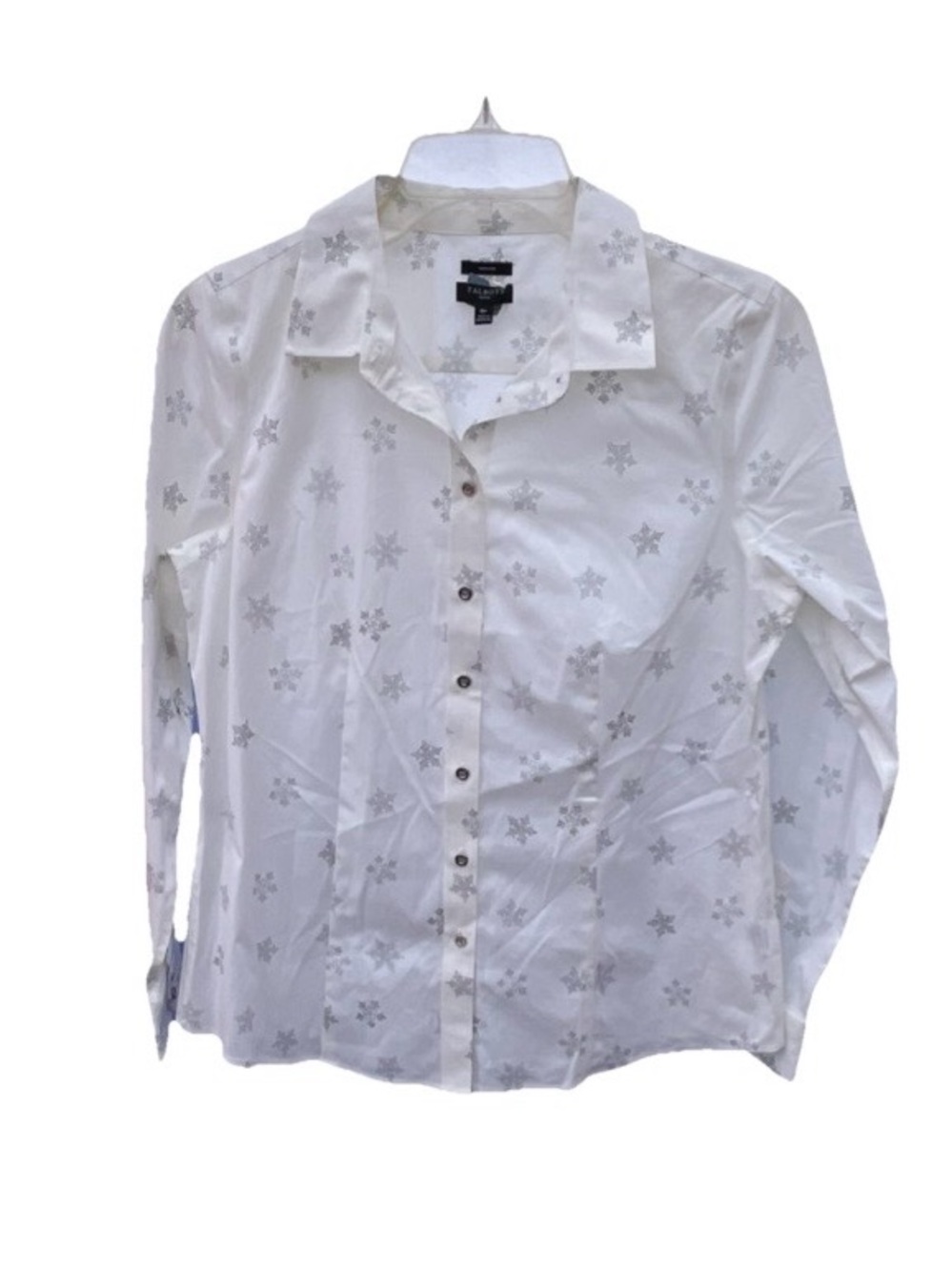 Talbots White Petite Button-Up Shirt with Silver Dot Star Print